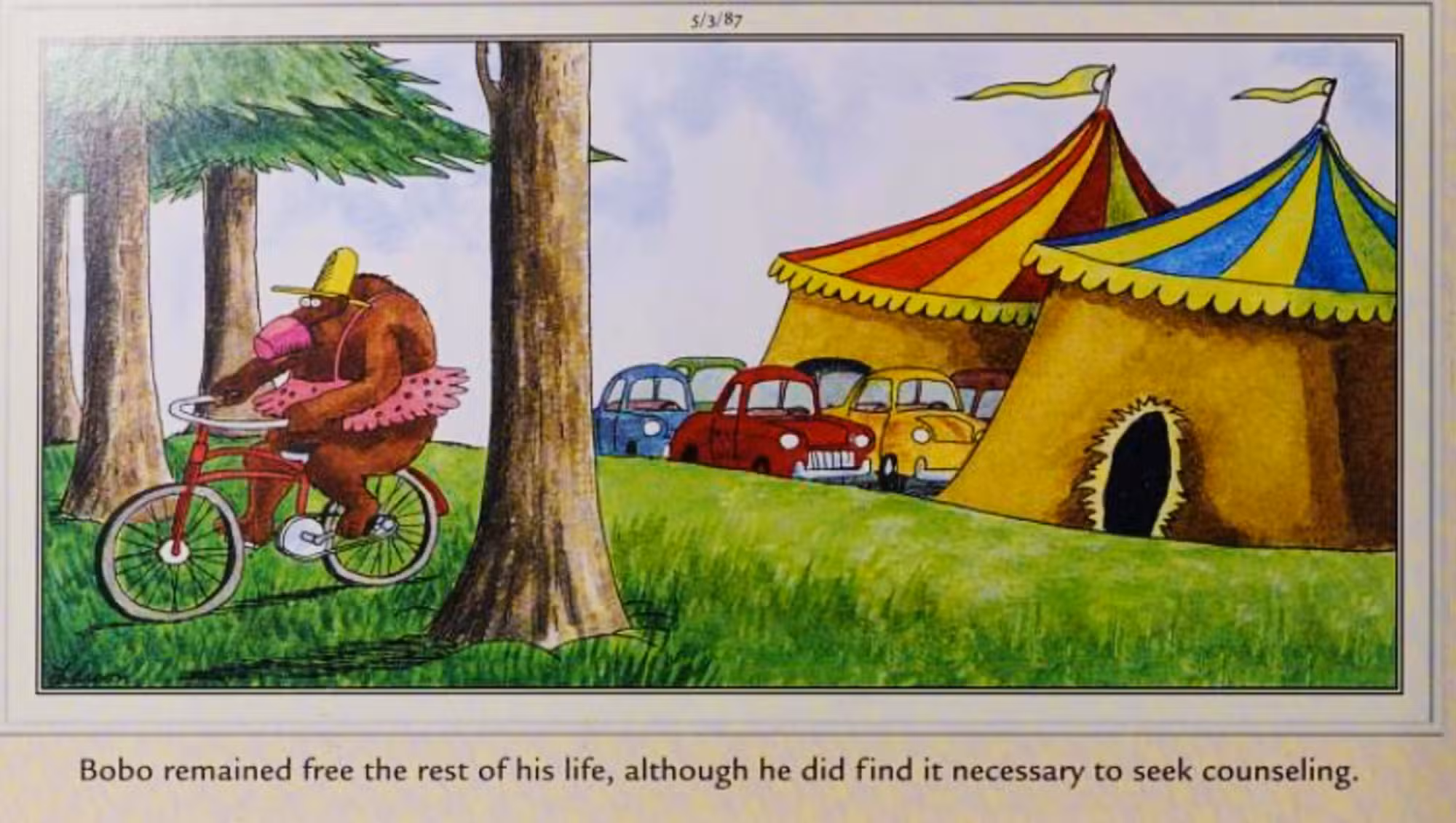 Far Side, domingo 3 de mayo de 1987, un oso disfrazado de ridículo se escapa del zoológico