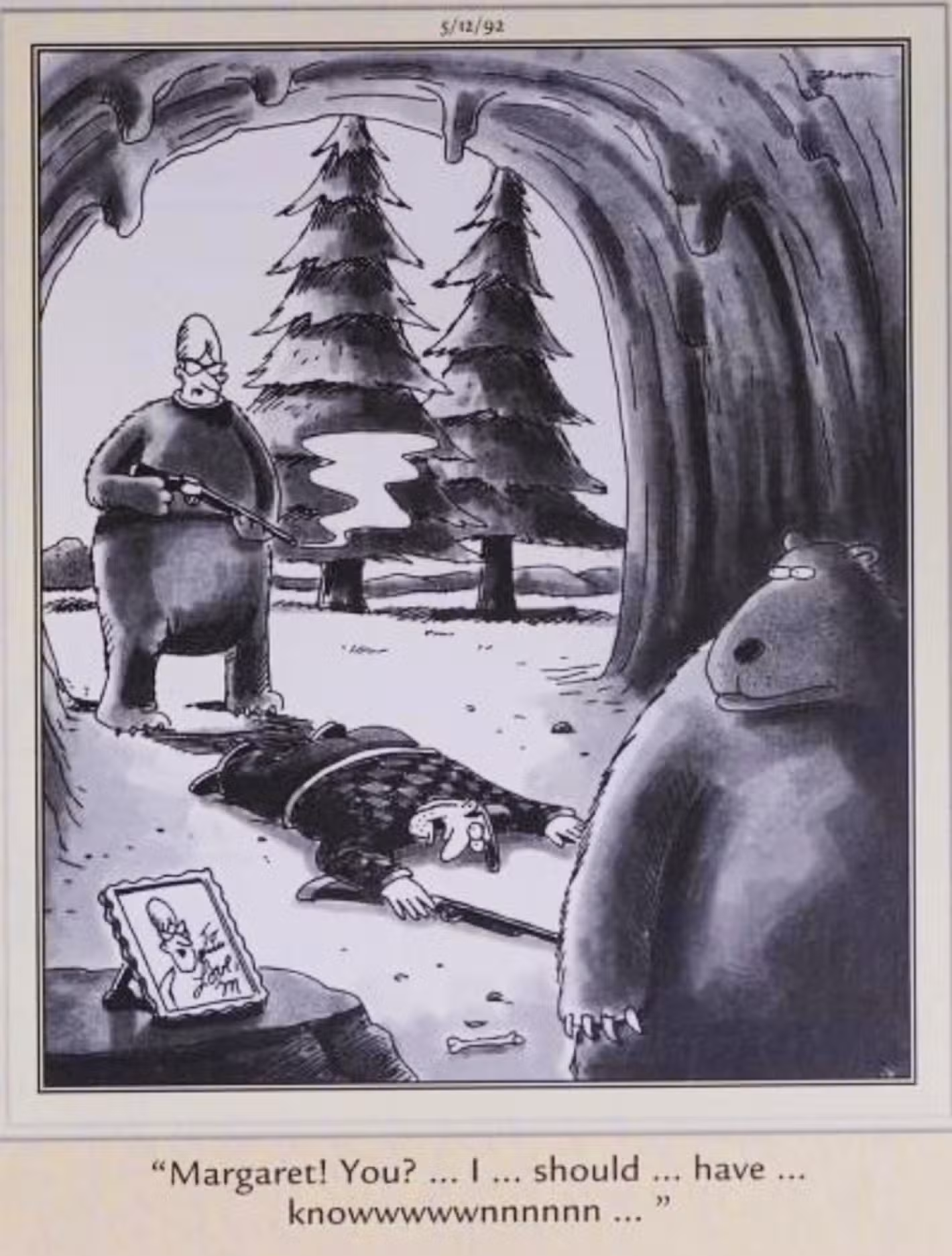 Far Side, 11 de mayo de 1992 una mujer dispara a su marido humano delante de su amante oso