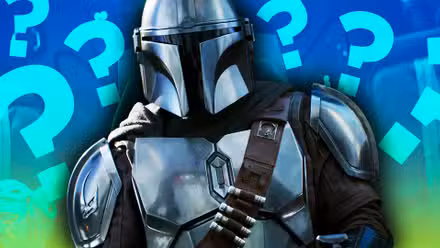Din Djarin pilota Razor Crest en The Mandalorian, editado sobre signos de interrogación y un filtro de degradado.
