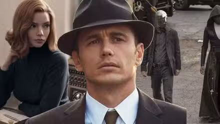 Collage de Beth sentada en The Queens Gambit, Jake Epping mirando el 22.11.63 y dos vigilantes enmascarados en Watchmen.