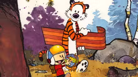 Calvin y Hobbes cargan sus cosas por el bosque.