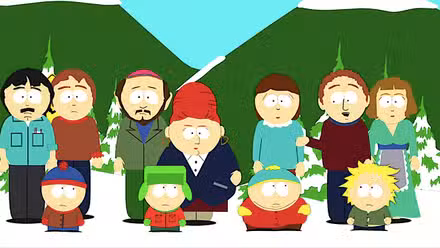 Stan Kyle Cartman y Tweek parados afuera con sus padres en South Park