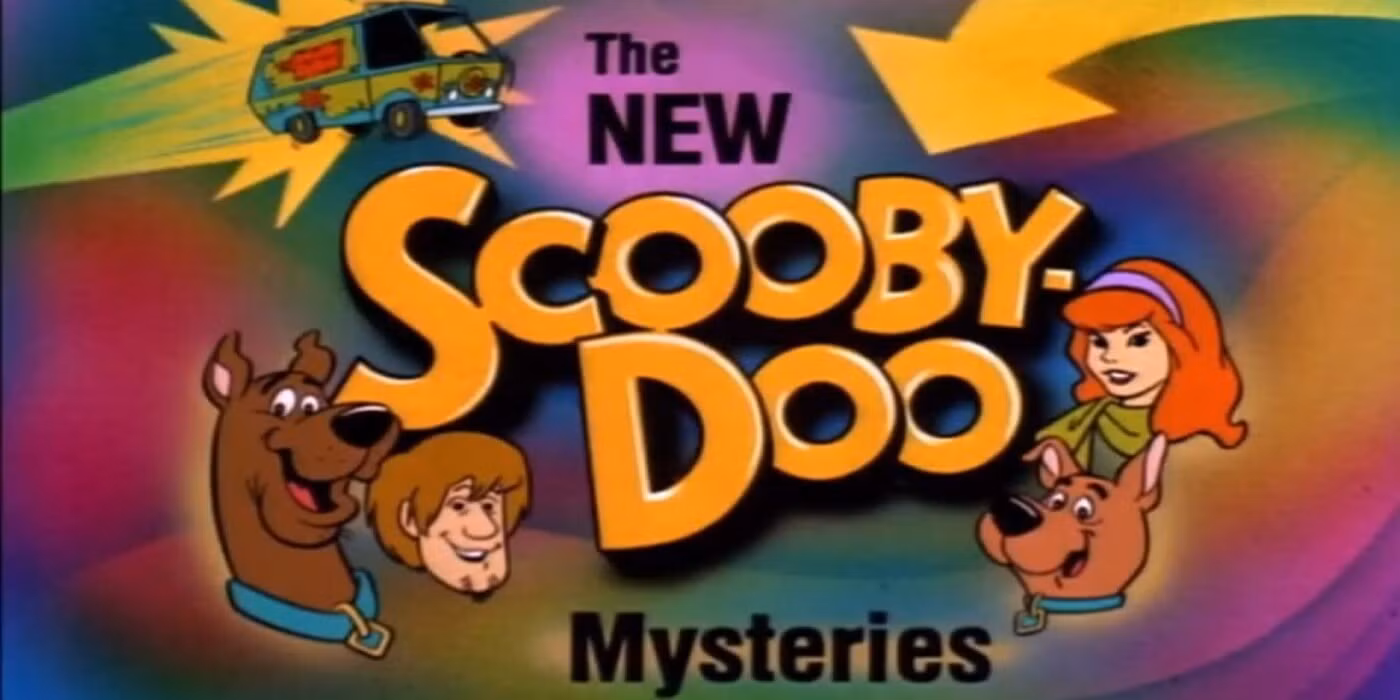 La tarjeta de título de The New Scooby-Doo Mysteries con Scooby-Doo, Scrappy-Doo, Shaggy y Daphne.