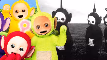 Imagen fusionada de los Teletubbies y los Teletubbies en blanco y negro.