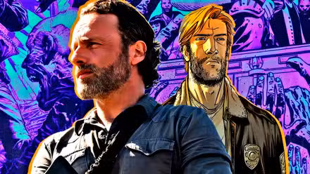 Rick Grimes de acción real y cómic, uno al lado del otro, frente a paneles de cómics con zombis en The Walking Dead.