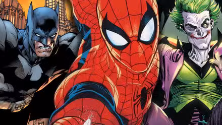 Spider-Man lanzando telarañas con Batman y Joker DC Marvel Featured