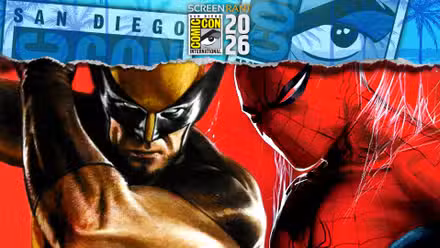 Wolverine y Spider-Man posan sobre un fondo rojo con el cartel de la San Diego Comic-Con 2026