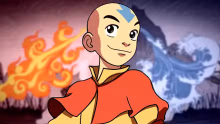 Aang sonríe frente a las Tribus Fuego y Agua en el póster de Avatar the Last Airbender