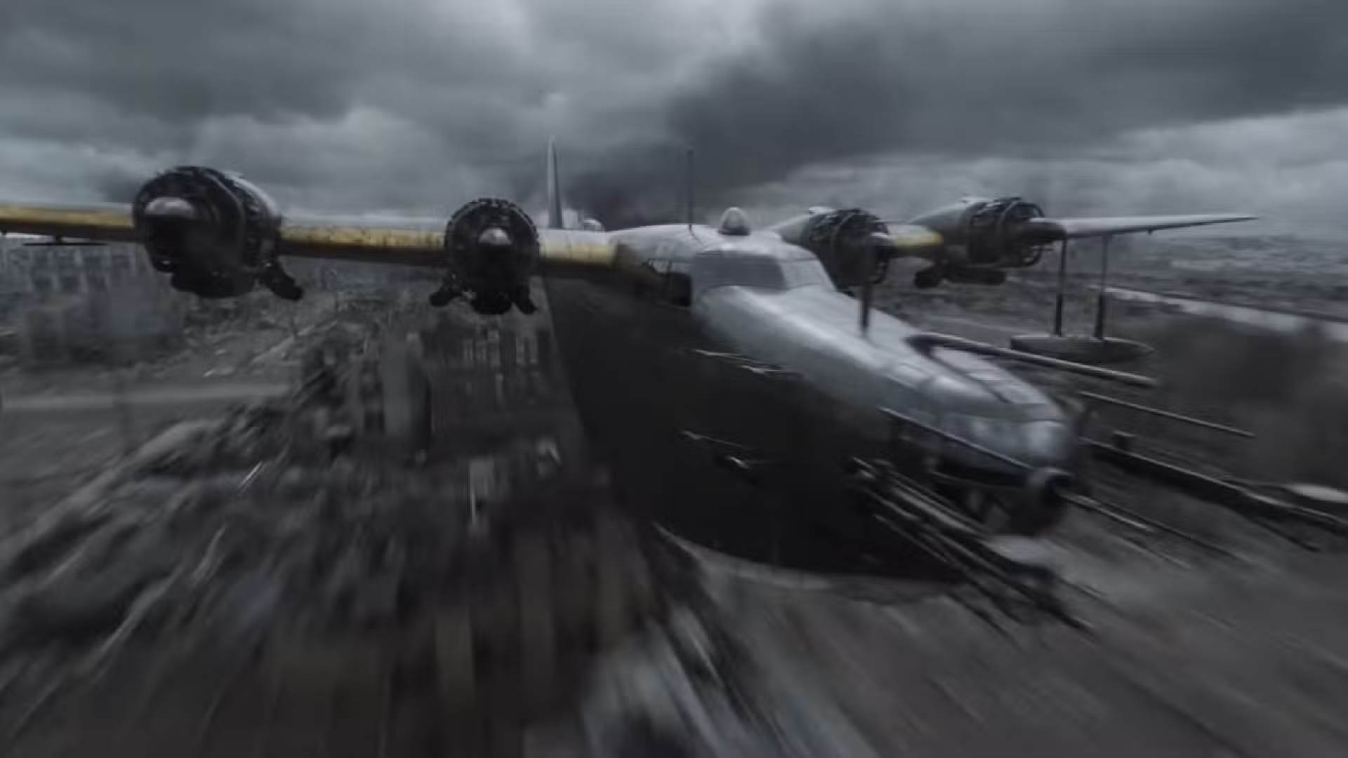 Un avión volando por la ciudad en Godzilla Minus Zero