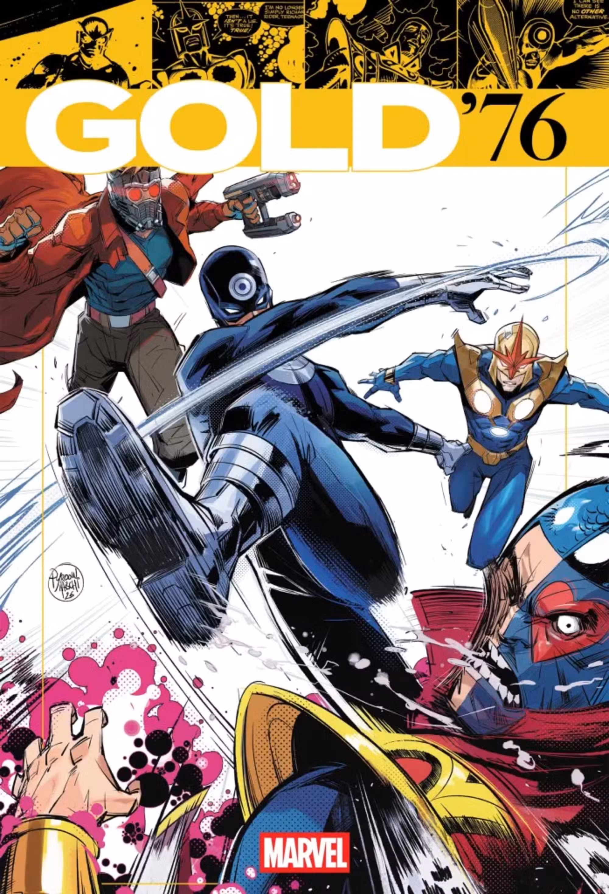 cubierta dorada 76 que muestra star-lord y nova y jota de corazones vs diana