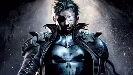 Frank Castle viste una versión gótica de su disfraz de Punisher con vendas y parche en el ojo