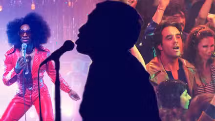 Collage de diferentes conciertos y la silueta de un cantante en Vinilo.