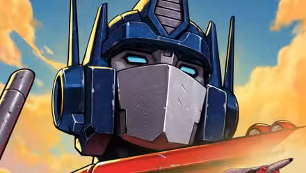 Un primer plano del rostro de Optimus Prime en los cómics de Transformers.