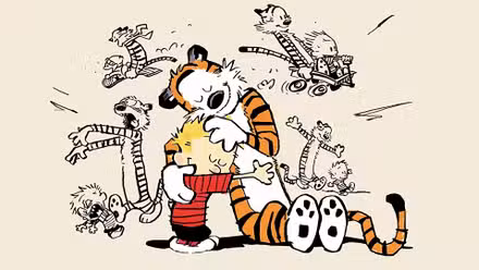 Calvin y Hobbes abrazándose