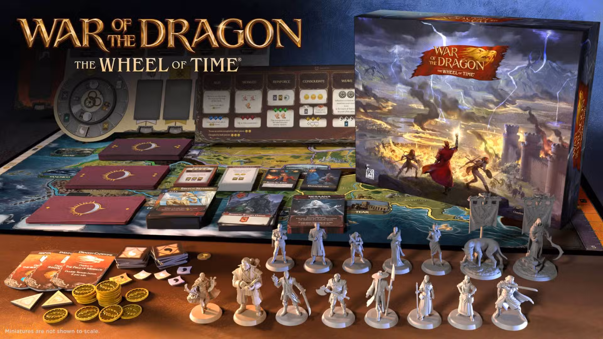 Los componentes del juego de mesa Wheel of Time War of the Dragon están todos dispuestos al lado de la caja.