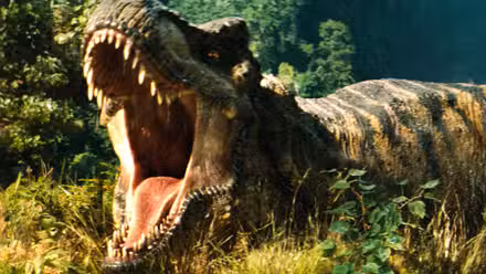 T. rex rugiendo en Jurassic World Rebirth