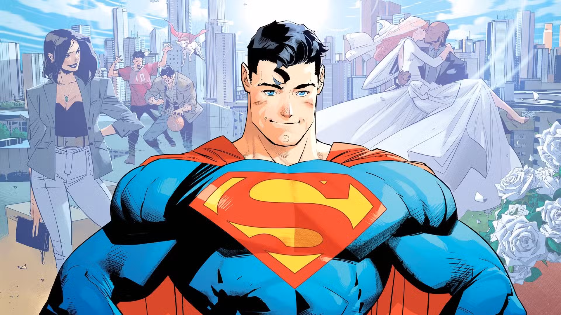 Superman frente a imágenes de personajes secundarios como Lois Lane, Jon Kent, Krypto, Jon Henry Irons y Lana Lang.