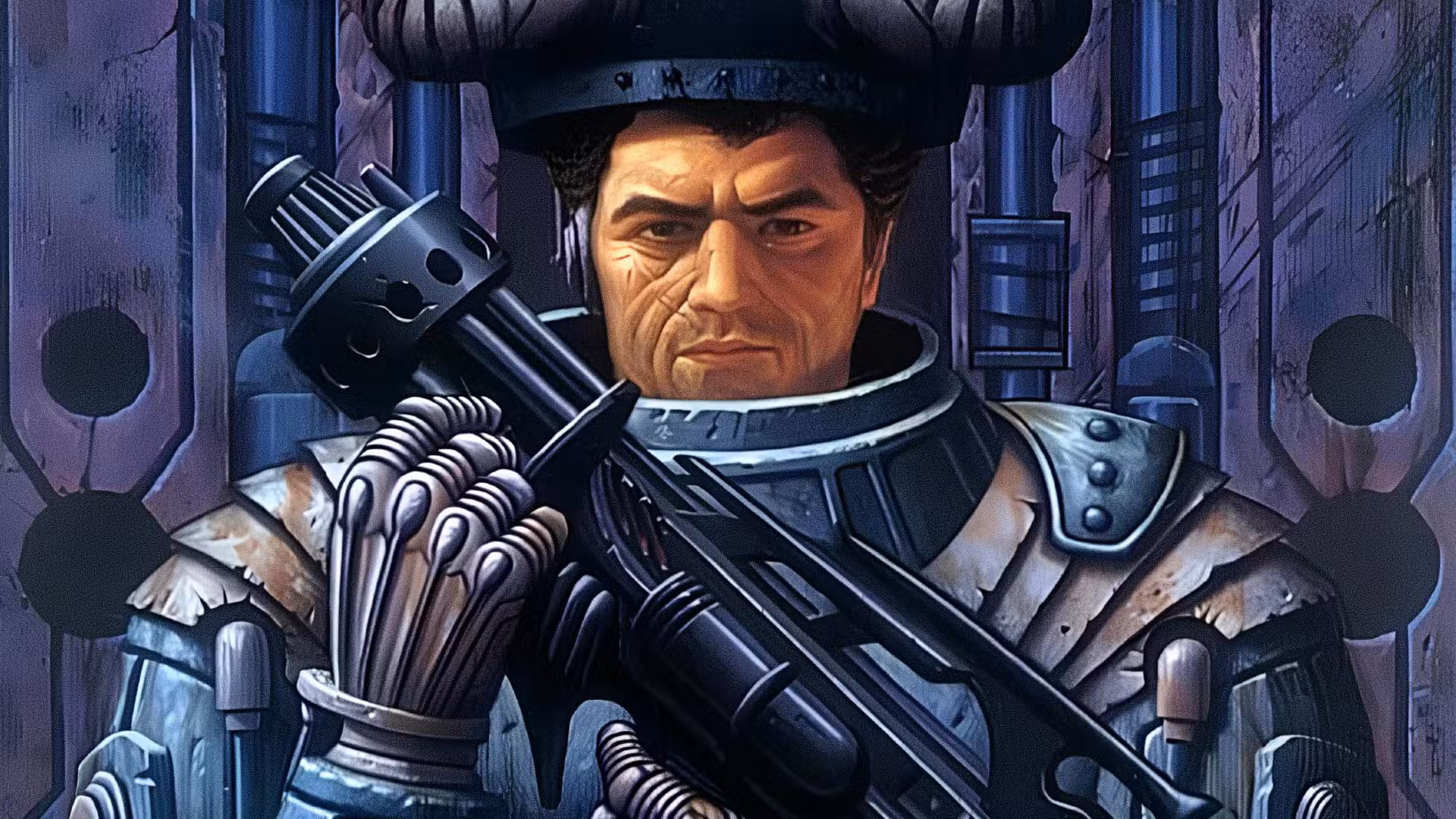 Juan Rico sostiene un arma en el arte Starship Troopers de Robert Heinlein de James Warhola