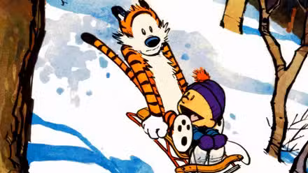 Calvin y Hobbes en trineo