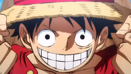 Imagen destacada del anime One Piece Luffy: Monkey D. Luffy sonriendo y agitando los puños