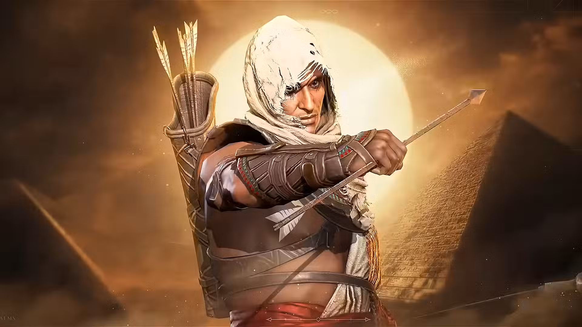 Bayek de Assassin's Creed Origins sosteniendo una flecha en Watcher of Realms.