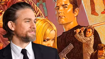 Una imagen compuesta de Charlie Hunnam sonriendo frente a los personajes de la serie de cómics Criminal. 