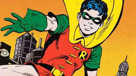 Arte cómico clásico de Robin de DC sonriendo con un brazo extendido.