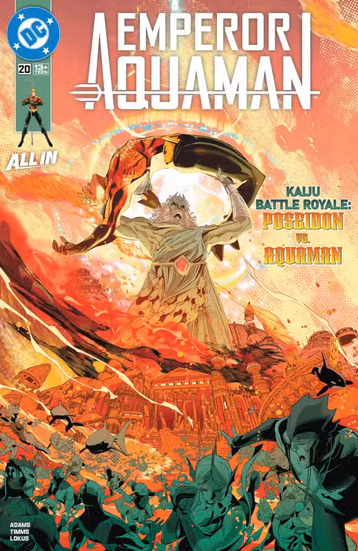 Poseidón levanta a Aquaman por encima de su cabeza en Emperor Aquaman #20