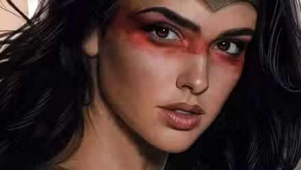 Absolute Wonder Woman de DC mira a la cámara con maquillaje rojo alrededor de los ojos