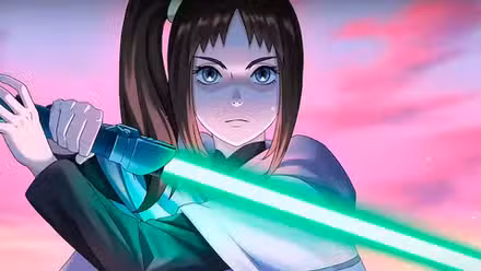 El héroe de Noveno Jedi empuñando un sable de luz verde.