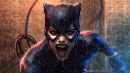 Catwoman DC Comics gritando bajo la lluvia