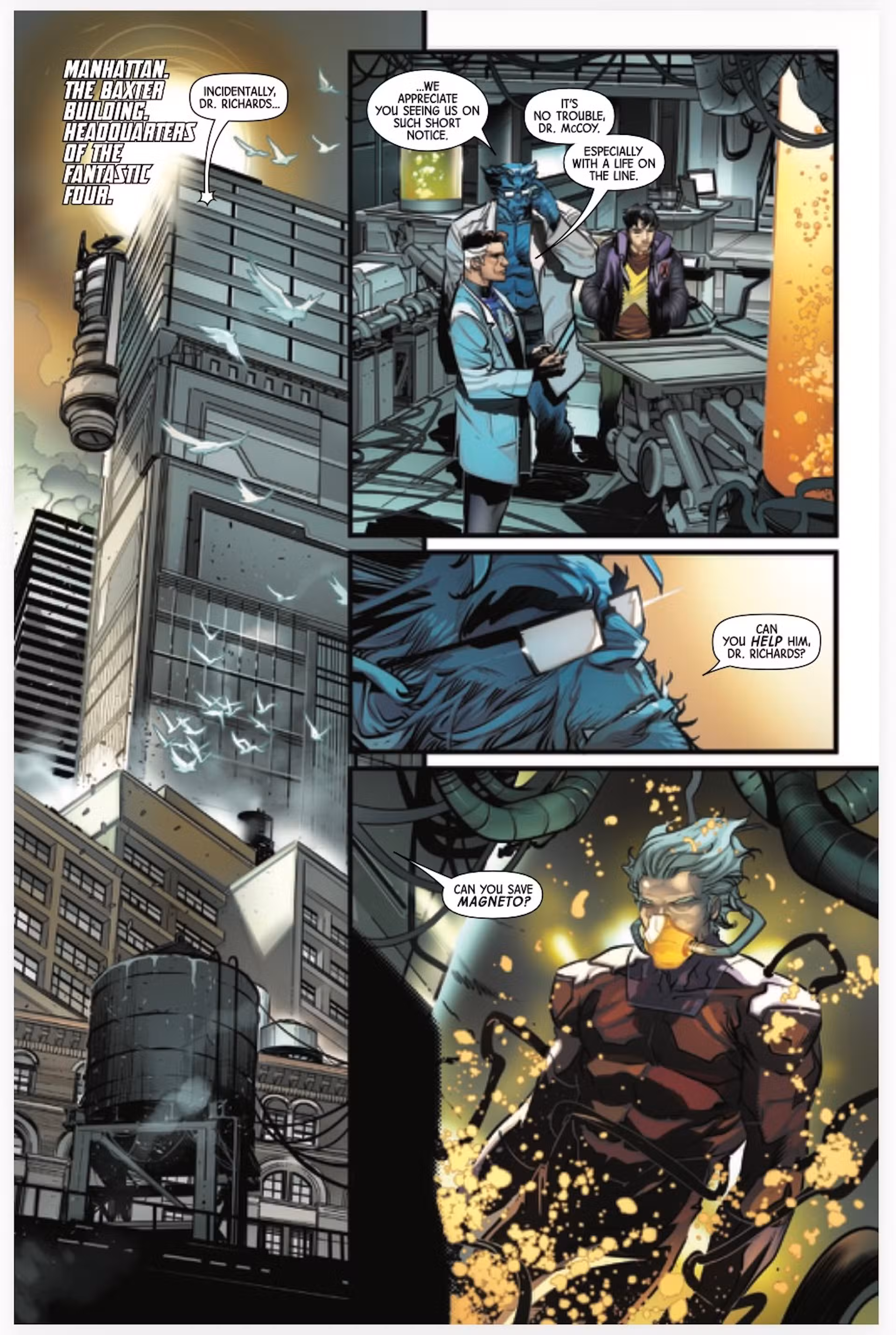 Bestia hablando con Reed Richards sobre Magneto en el edificio Baxter