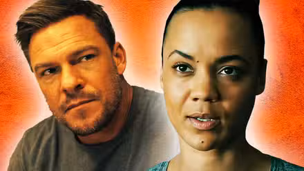 Una imagen editada de Alan Ritchson como Jack Reacher y Maria Sten como Frances Neagley en Reacher con un fondo naranja.