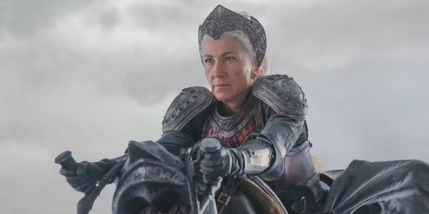 Rhaenys Targaryen montando un dragón en la batalla de Rook's Rest