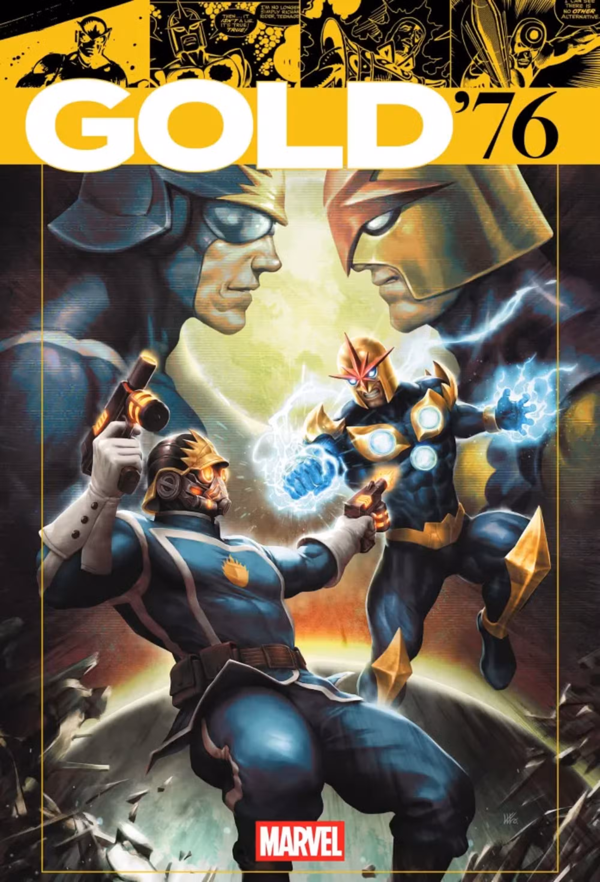 Portada dorada 76 que muestra a Star-Lord y Nova cara a cara.