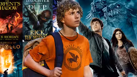 Collage de películas, programas de televisión y novelas de Percy Jackson.