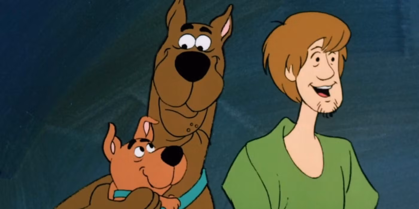 Scooby Doo, Scrappy Doo y Shaggy en la parte trasera de la Máquina del Misterio en El rescate del jefe Scooby 1980