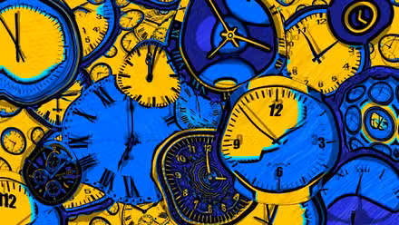 Muchos relojes están colocados uno encima del otro en azul, amarillo y negro.