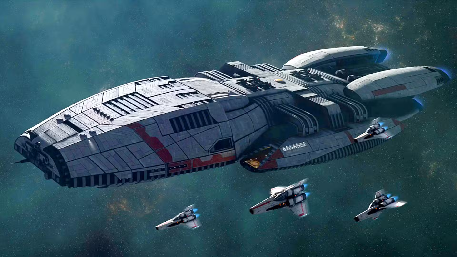 La Galáctica junto a sus aves rapaces en Battlestar Galactica.