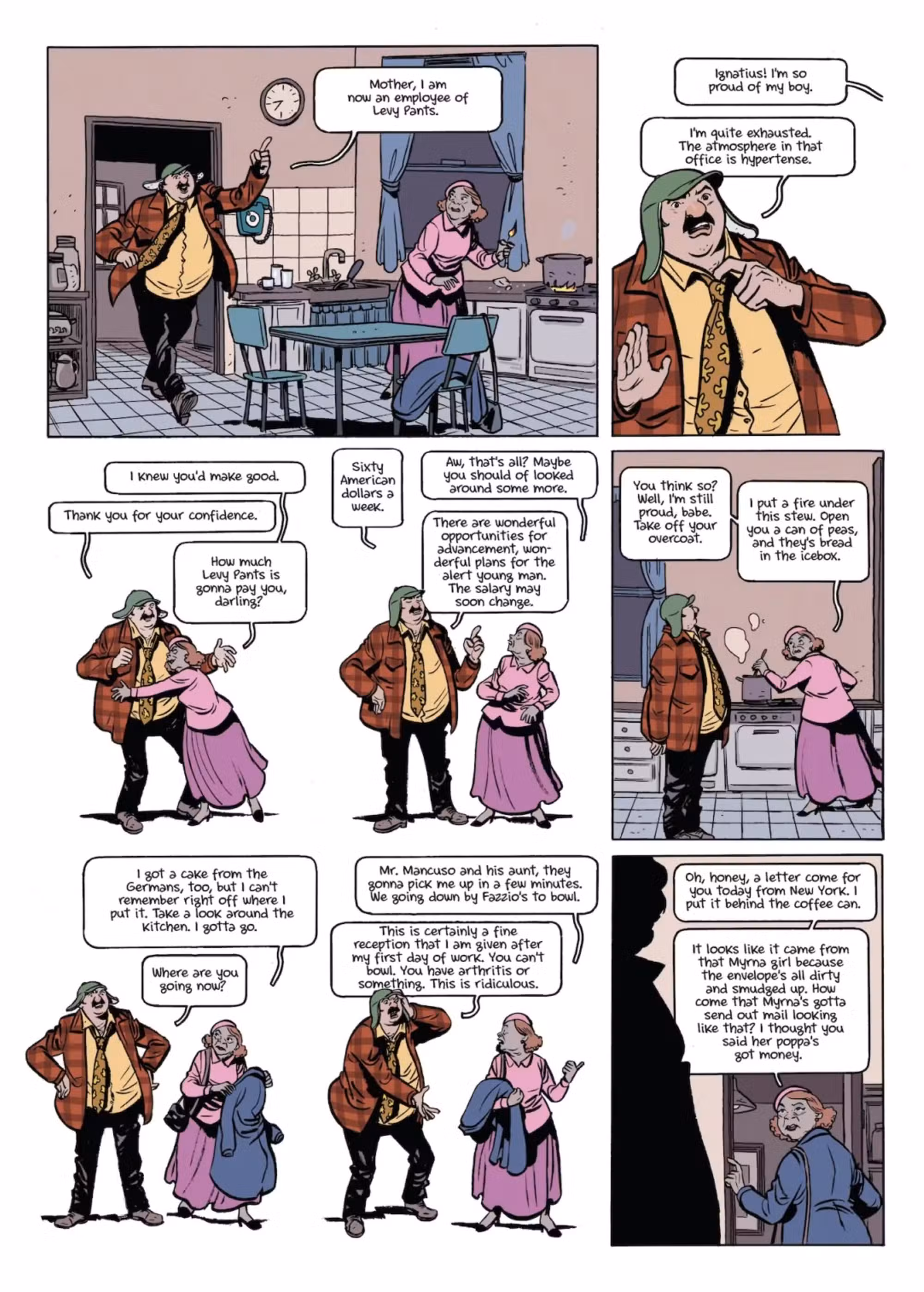 Vista previa de la novela gráfica de la Confederación de tontos, página 2, que muestra a Ignacio discutiendo con su madre.