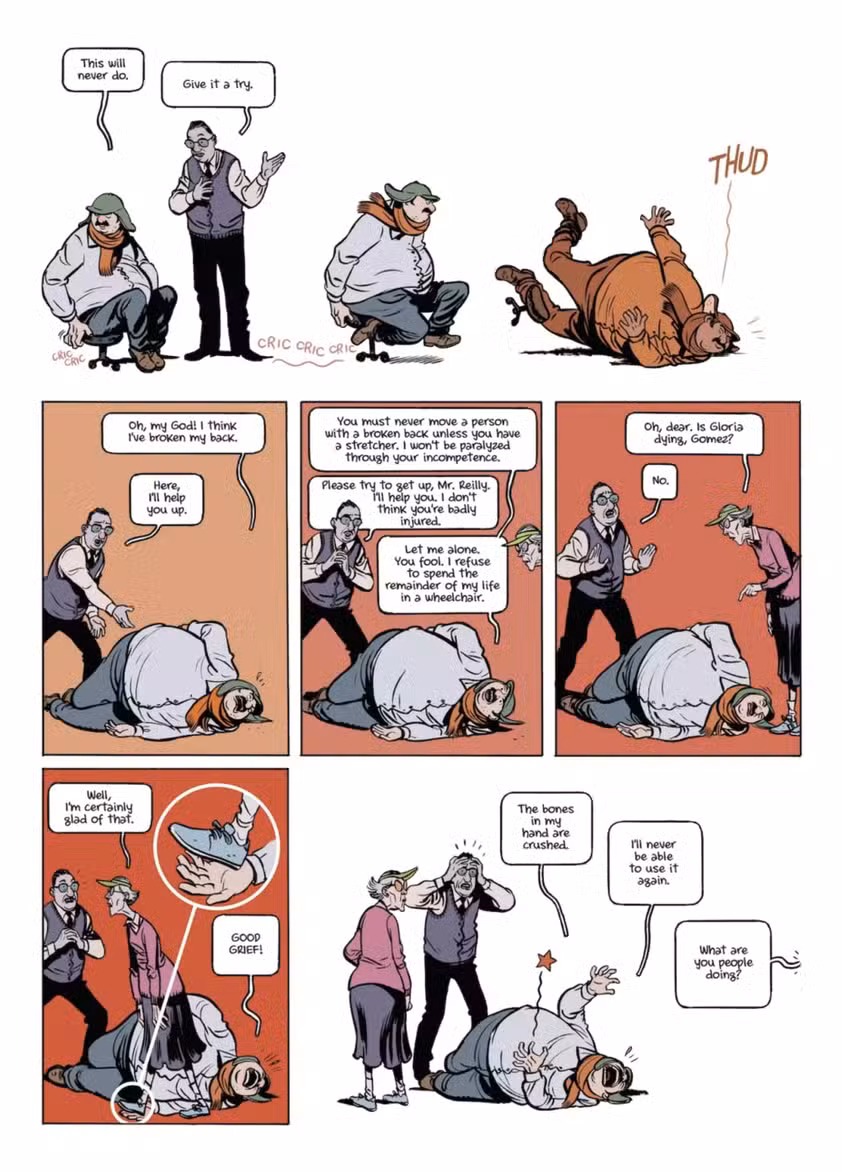 Vista previa de la novela gráfica de la confederación de tontos, página 4, que muestra a Ignacio quejándose en el trabajo.