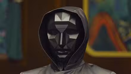 El líder de El juego del calamar con una máscara negra geométrica.