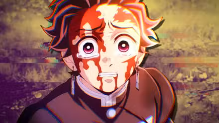 Tanjiro de Demon Slayer tiene el rostro cubierto de sangre mientras llora.