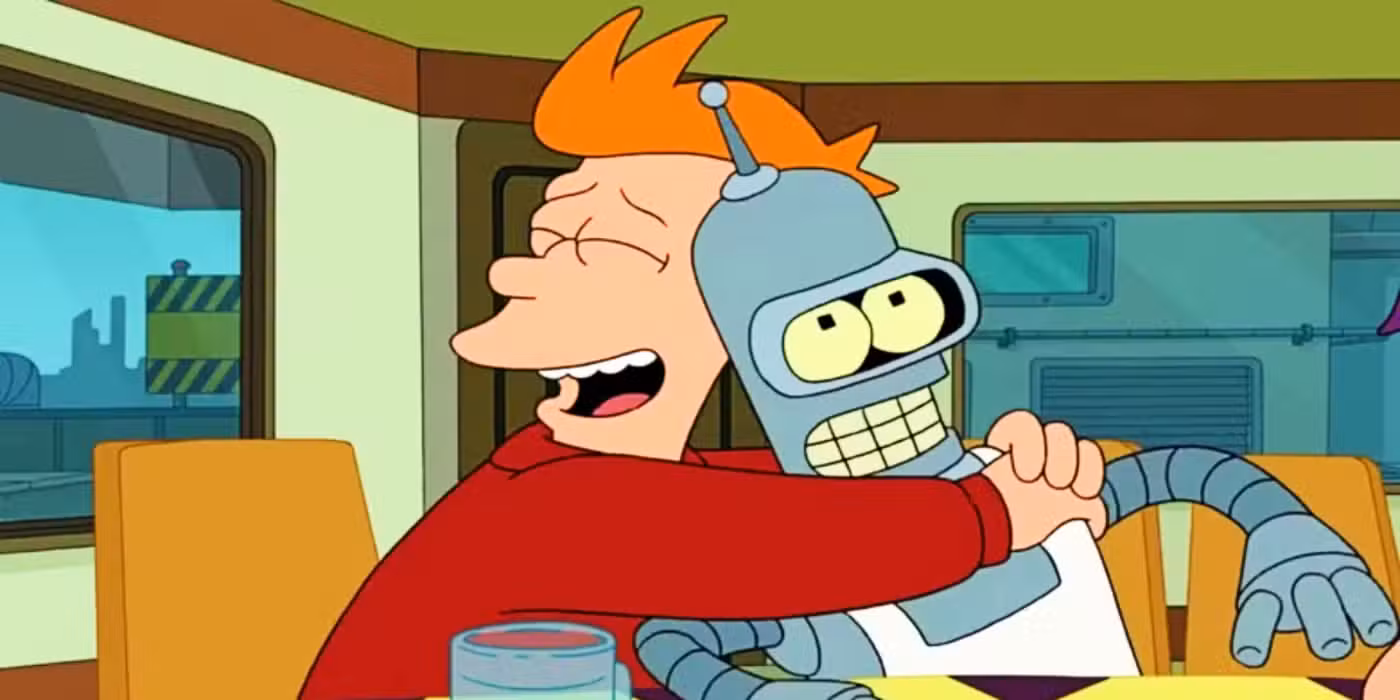 Fry abrazando a Bender en Futurama
