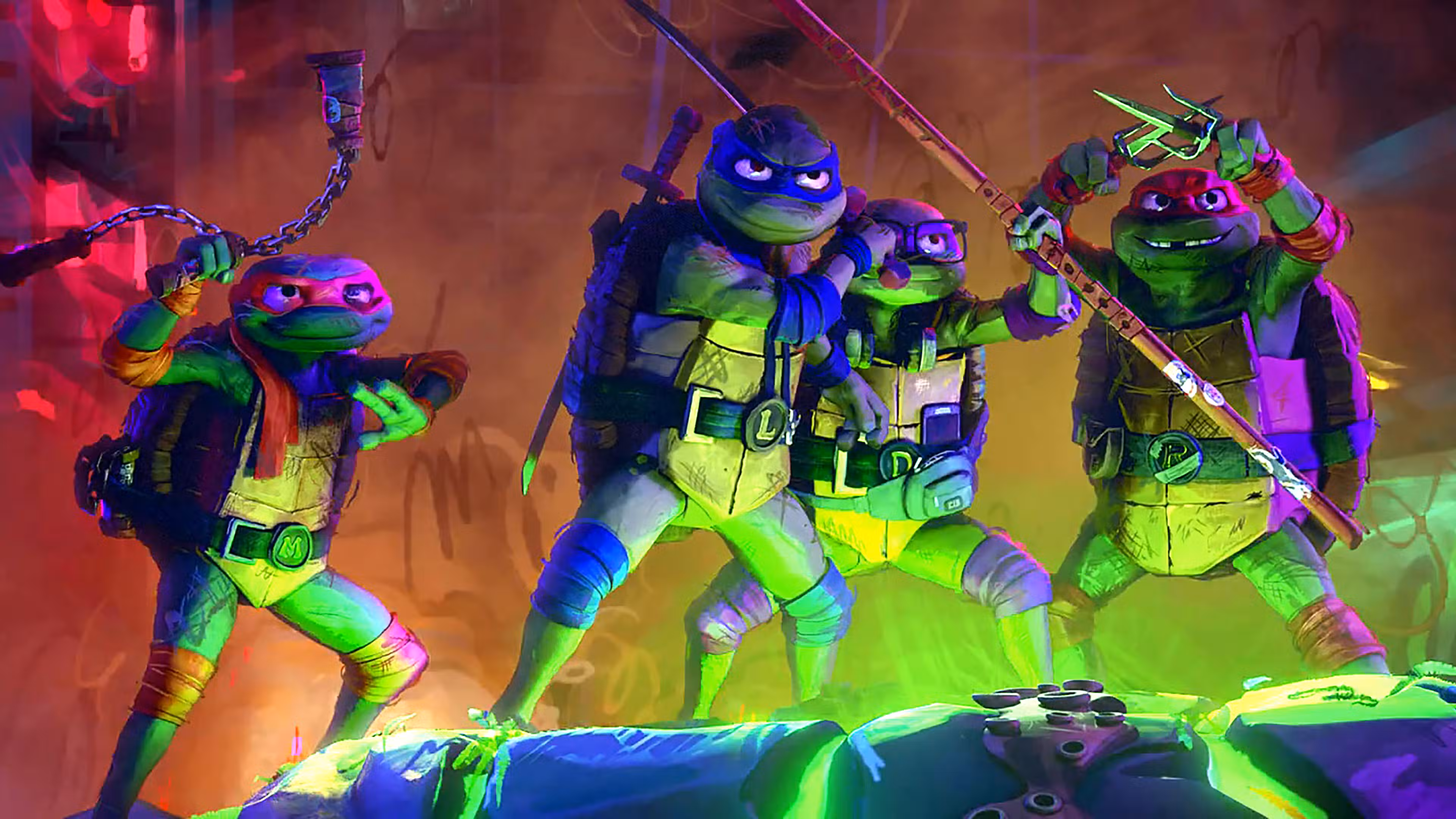 Las Tortugas en posturas de lucha en Teenage Mutant Ninja Turtles: Mutant Mayhem