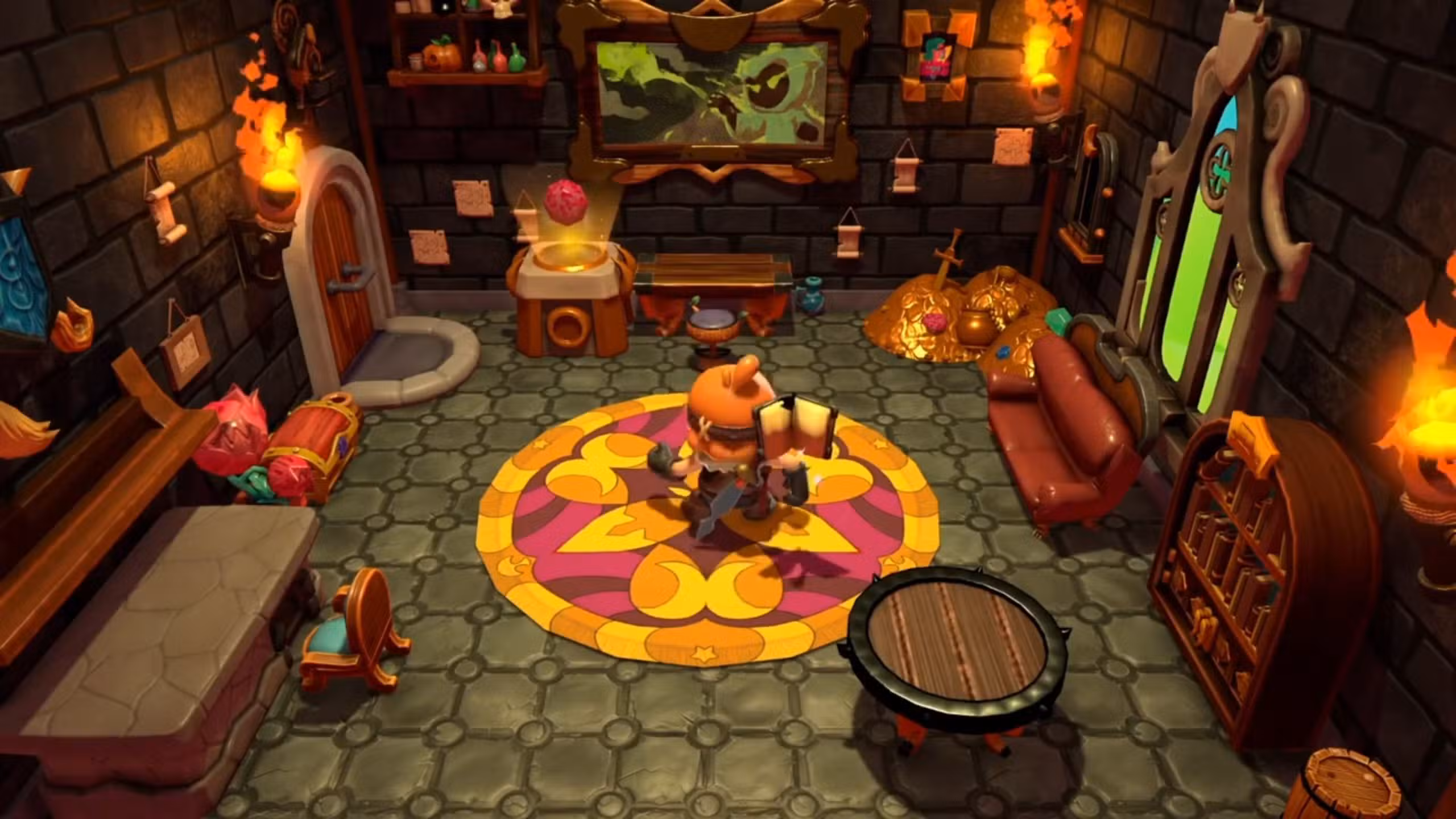 Captura de pantalla de una habitación decorada del juego Cozy Dungeons