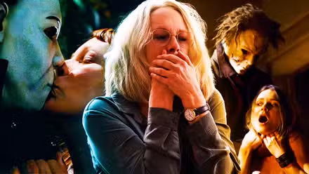 Imagen de Laurie Strode besando a Michael Myers, Laurie mayor cubriéndose la boca y Michael estrangulando a la joven Laurie.