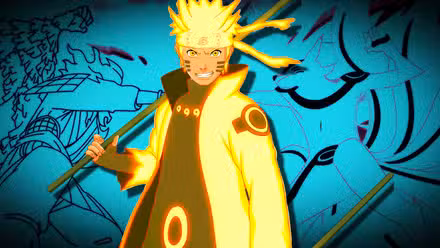 El modo Sabio de los Seis Caminos de Naruto sonríe sobre una imagen de la forma de Nueve colas de Naruto y el Susanoo de Sasuke de color azul brillante.