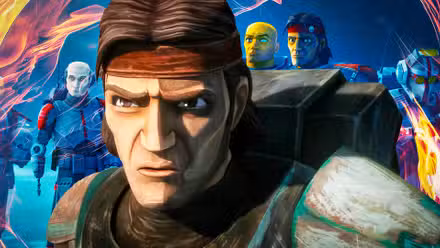 Hunter parece enojado, editado sobre el resto de Clone Force 99 parado en Kaller.