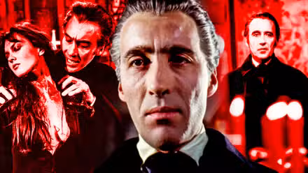 Collage rojo de Christopher Lee como Drácula con Caroline Munro como Laura Bellows en Drácula AD 1972